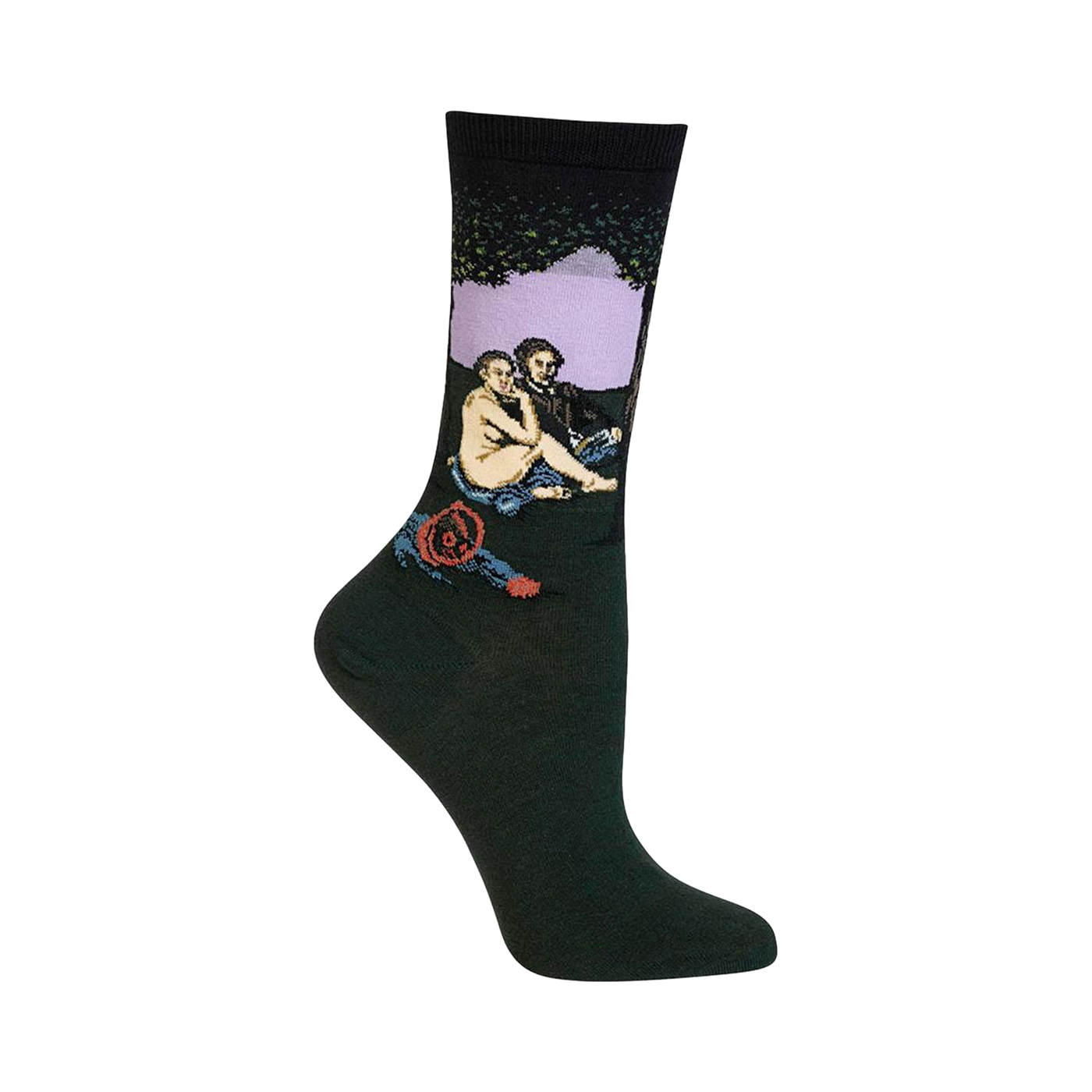 Dark green crew socks with a detailed image of Manet's Luncheon on the Grass, featuring a nude woman, a man in blue, and a tree in muted purples and greens.