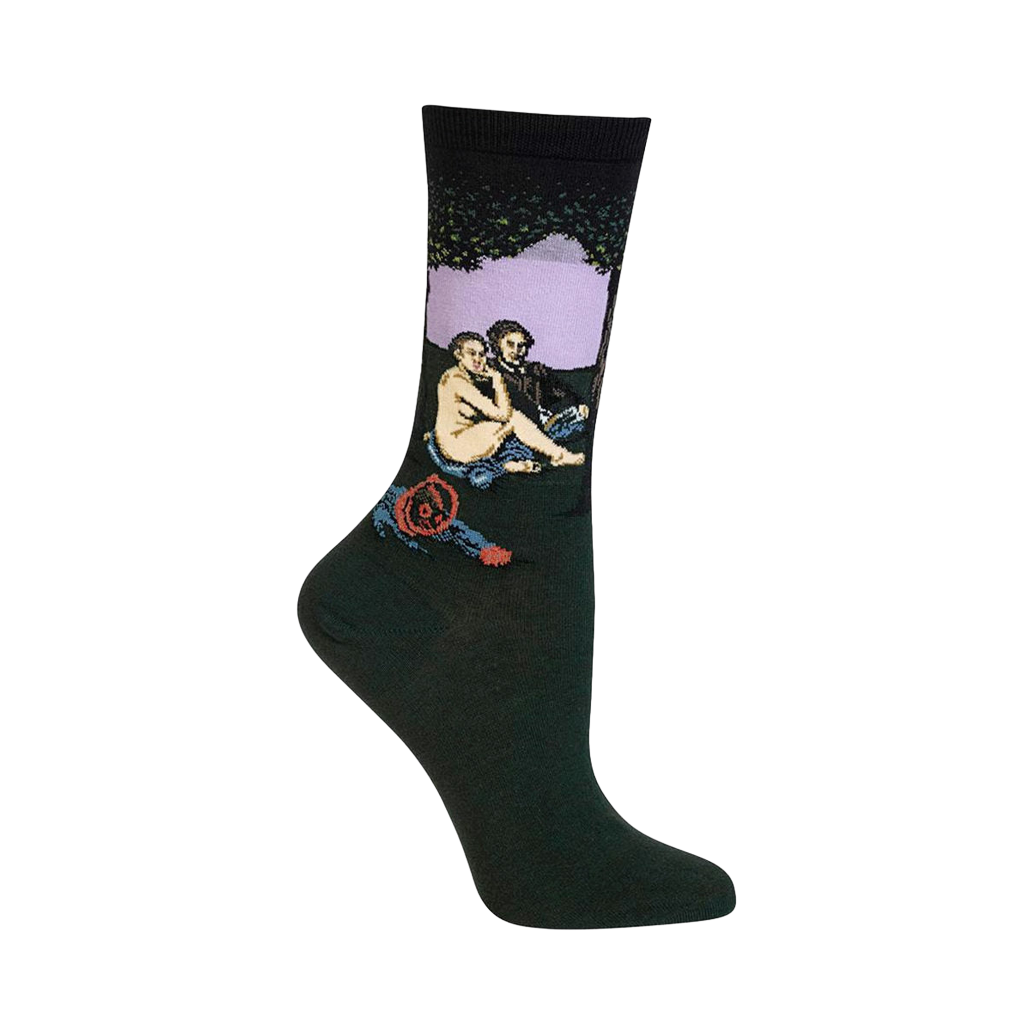 Dark green crew socks with a detailed image of Manet's Luncheon on the Grass, featuring a nude woman, a man in blue, and a tree in muted purples and greens.
