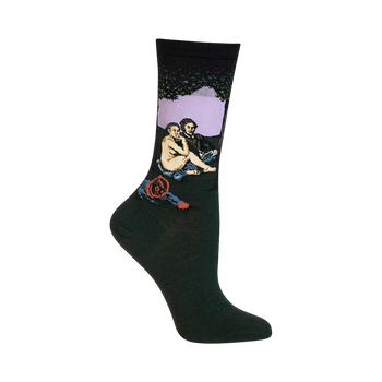 Dark green crew socks with a detailed image of Manet's Luncheon on the Grass, featuring a nude woman, a man in blue, and a tree in muted purples and greens.