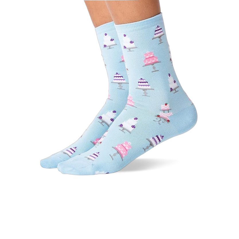 Pair of feet wearing light blue socks with white and pink wedding cake patterns, shown against a white background.