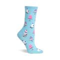 Single light blue sock with a pattern of white and pink multi-tiered wedding cakes, some tilted with a missing slice.
