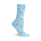 Single light blue sock with a pattern of white and pink multi-tiered wedding cakes, some tilted with a missing slice.