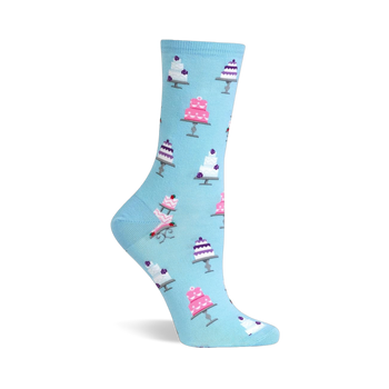 Single light blue sock with a pattern of white and pink multi-tiered wedding cakes, some tilted with a missing slice.