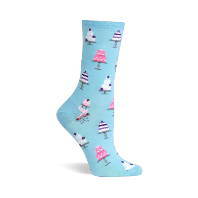 Single light blue sock with a pattern of white and pink multi-tiered wedding cakes, some tilted with a missing slice.