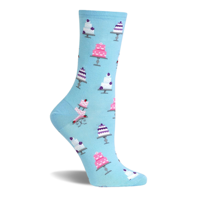Single light blue sock with a pattern of white and pink multi-tiered wedding cakes, some tilted with a missing slice.