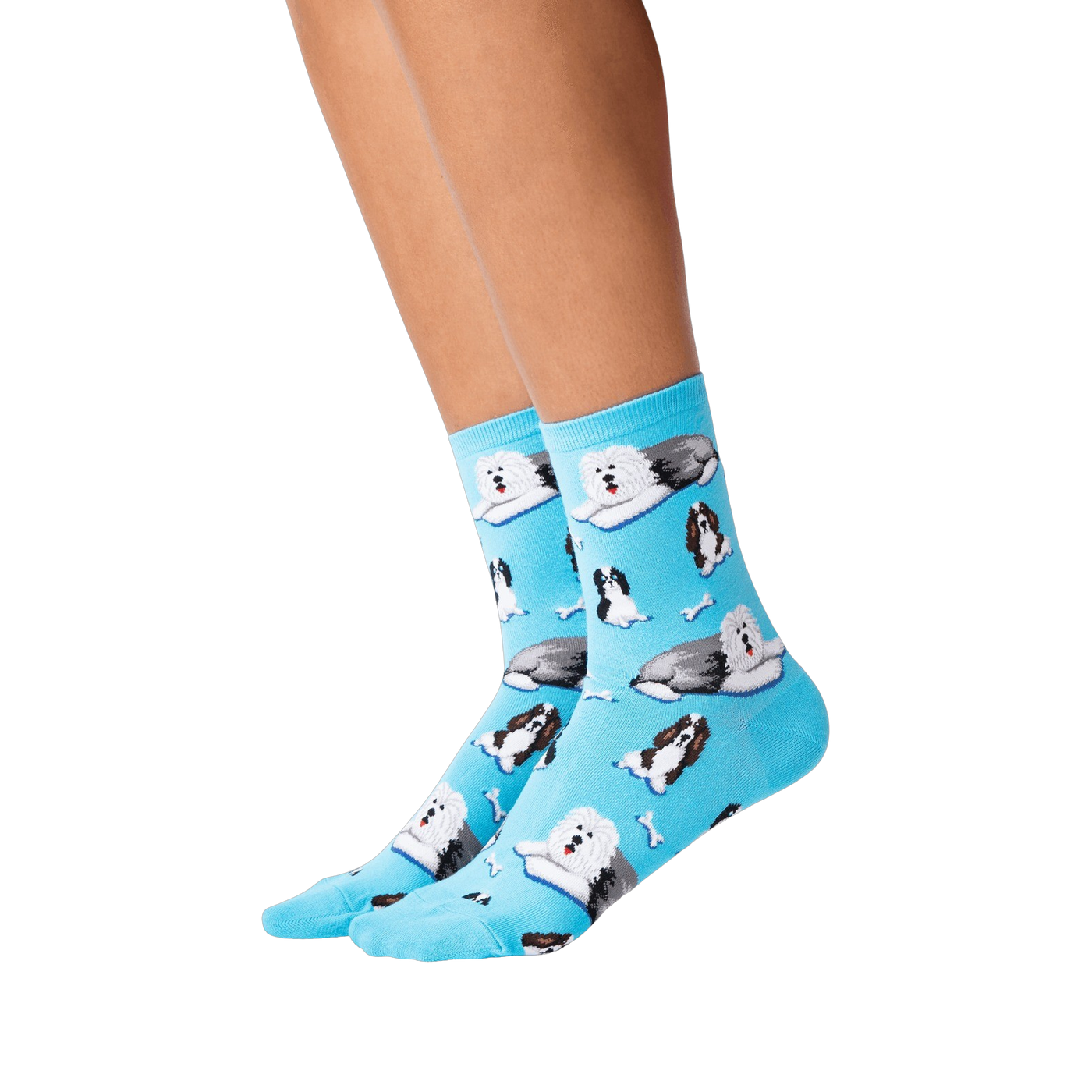 Flat lay product shot of pink Old English Sheepdog socks.