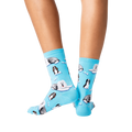 Back view of a person wearing blue Old English Sheepdog crew socks.