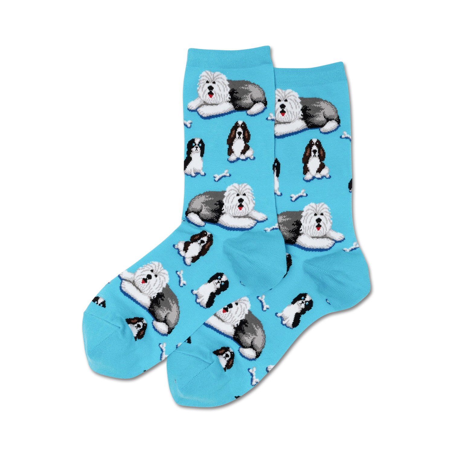 Pair of crew socks, light blue and pink, featuring Old English Sheepdogs and bone illustrations.