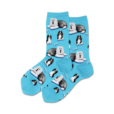 canine-themed crew socks in blue, featuring white and gray dogs with black noses, red tongues and white bones.  