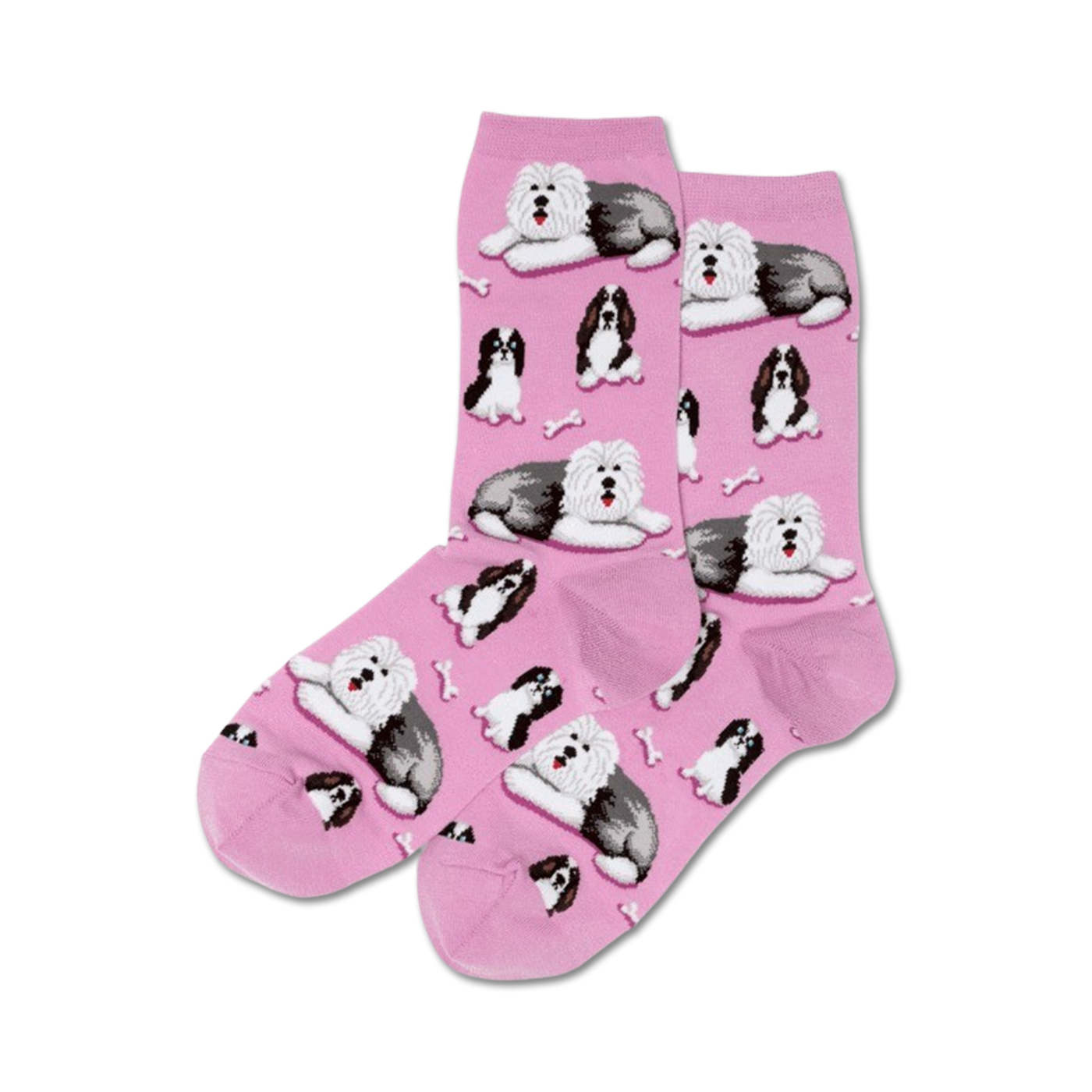 Lifestyle shot of model wearing bright blue Old English Sheepdog socks.