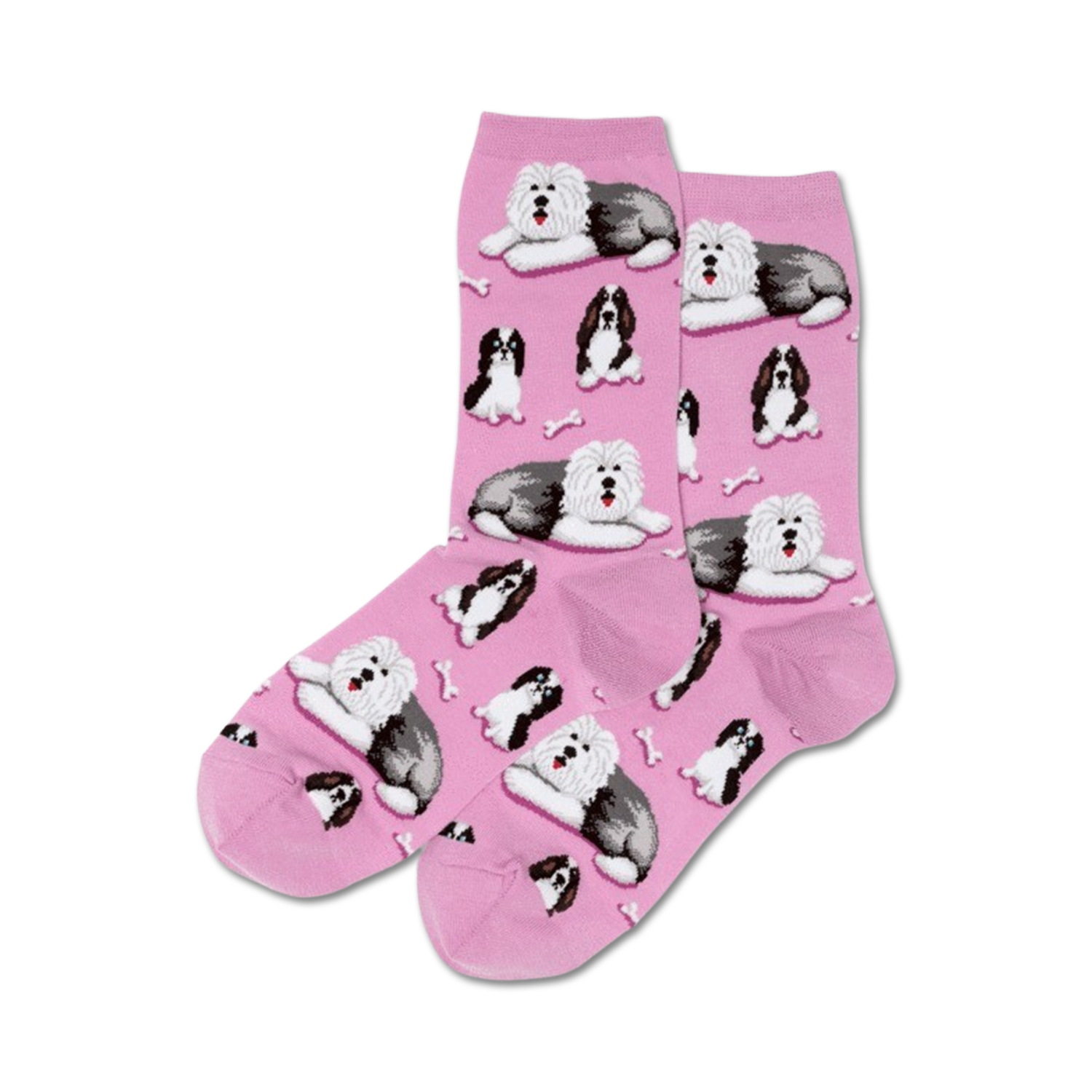 Lifestyle shot of model wearing bright blue Old English Sheepdog socks.
