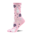 Pink crew sock with white wedding dresses, purple bouquets, white high heels, and champagne flutes pattern.