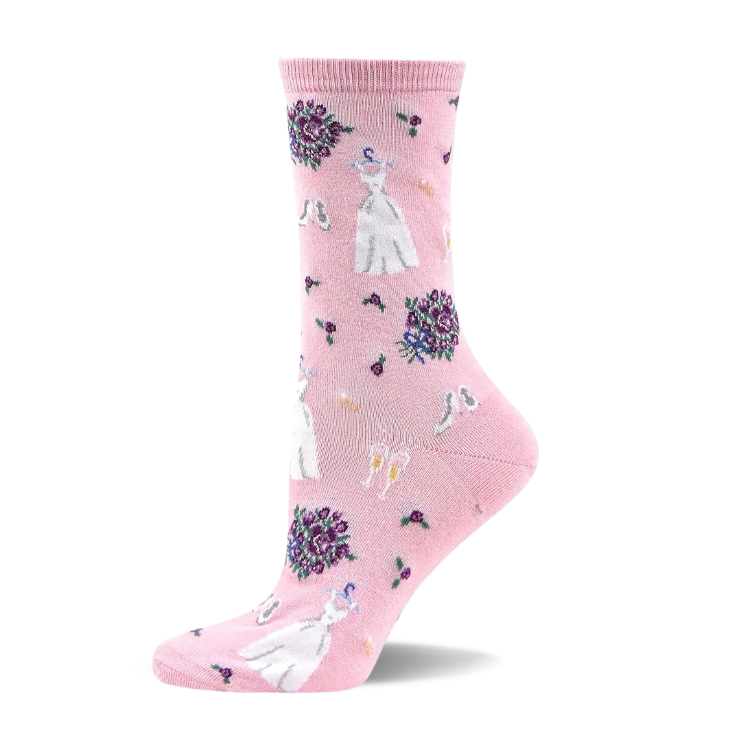 Pink crew sock with white wedding dresses, purple bouquets, white high heels, and champagne flutes pattern.