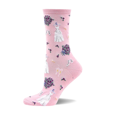 Pink crew sock with white wedding dresses, purple bouquets, white high heels, and champagne flutes pattern.