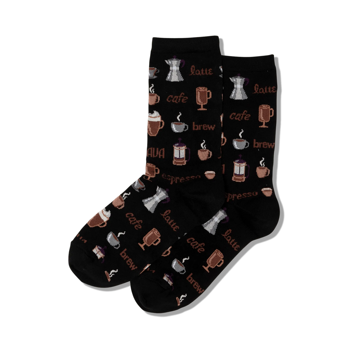 Pair of black crew socks with a whimsical coffee-themed pattern.  Features various coffee drinks and brewing methods in brown and cream.