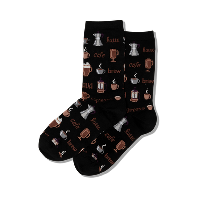 black crew socks with a pattern of coffee cups, coffee beans, and coffee makers.   