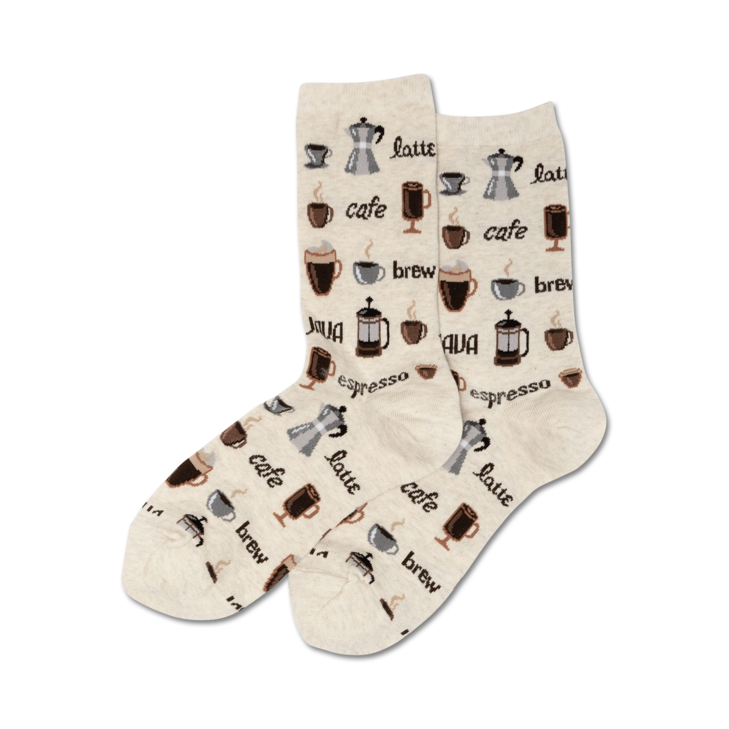 Lifestyle product shot of beige coffee socks on a white background.