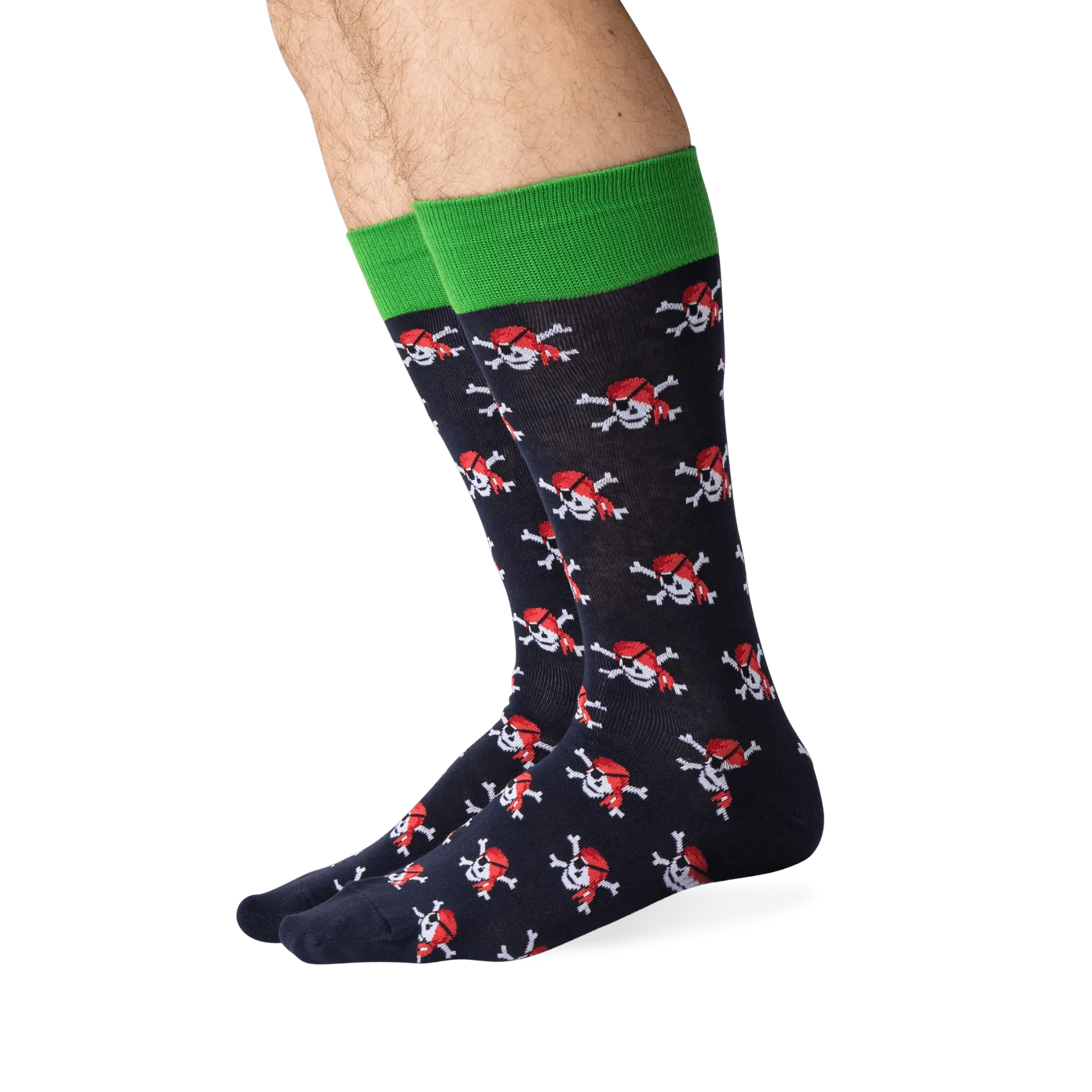 Lifestyle shot showing the Pirate Skull socks on a person's legs.