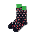 Pair of navy blue crew socks with a repeating pattern of red pirate skulls and crossbones. Green top trim.