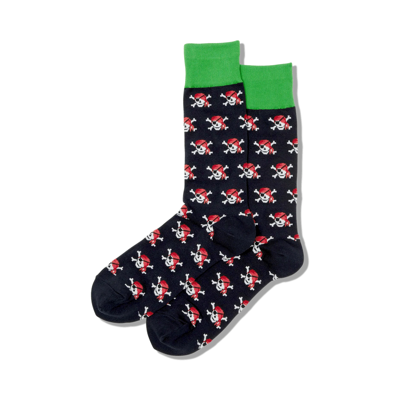 Pair of navy blue crew socks with a repeating pattern of red pirate skulls and crossbones. Green top trim.