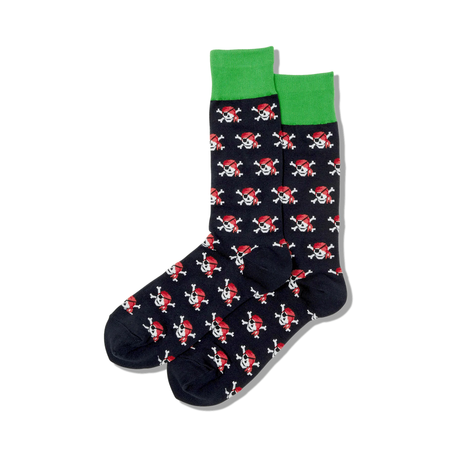 Pair of navy blue crew socks with a repeating pattern of red pirate skulls and crossbones. Green top trim.