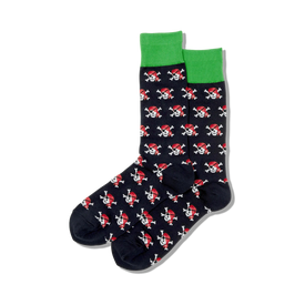 black mens crew socks with a repeated pattern of red pirate skulls with black eye patches and green hats. green toes and heels.   