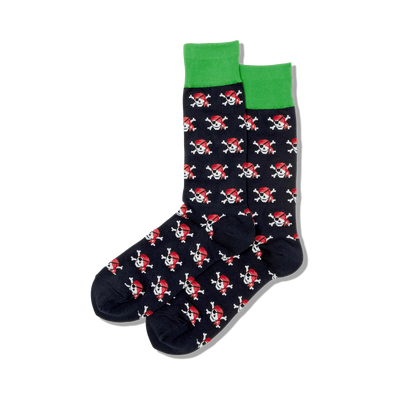 black mens crew socks with a repeated pattern of red pirate skulls with black eye patches and green hats. green toes and heels.   