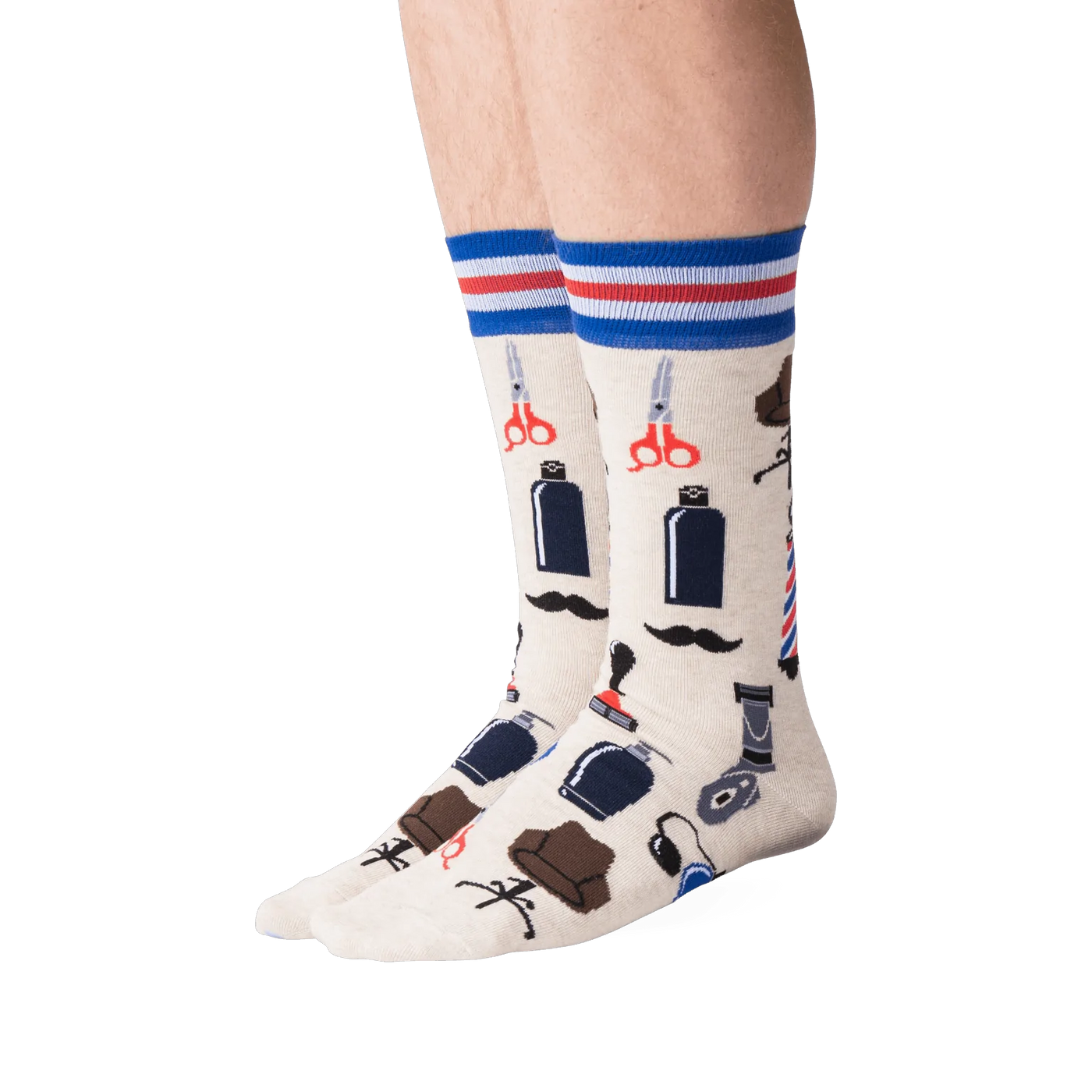 Lifestyle shot of a person wearing the Barber Shop socks, showcasing the fit and design.