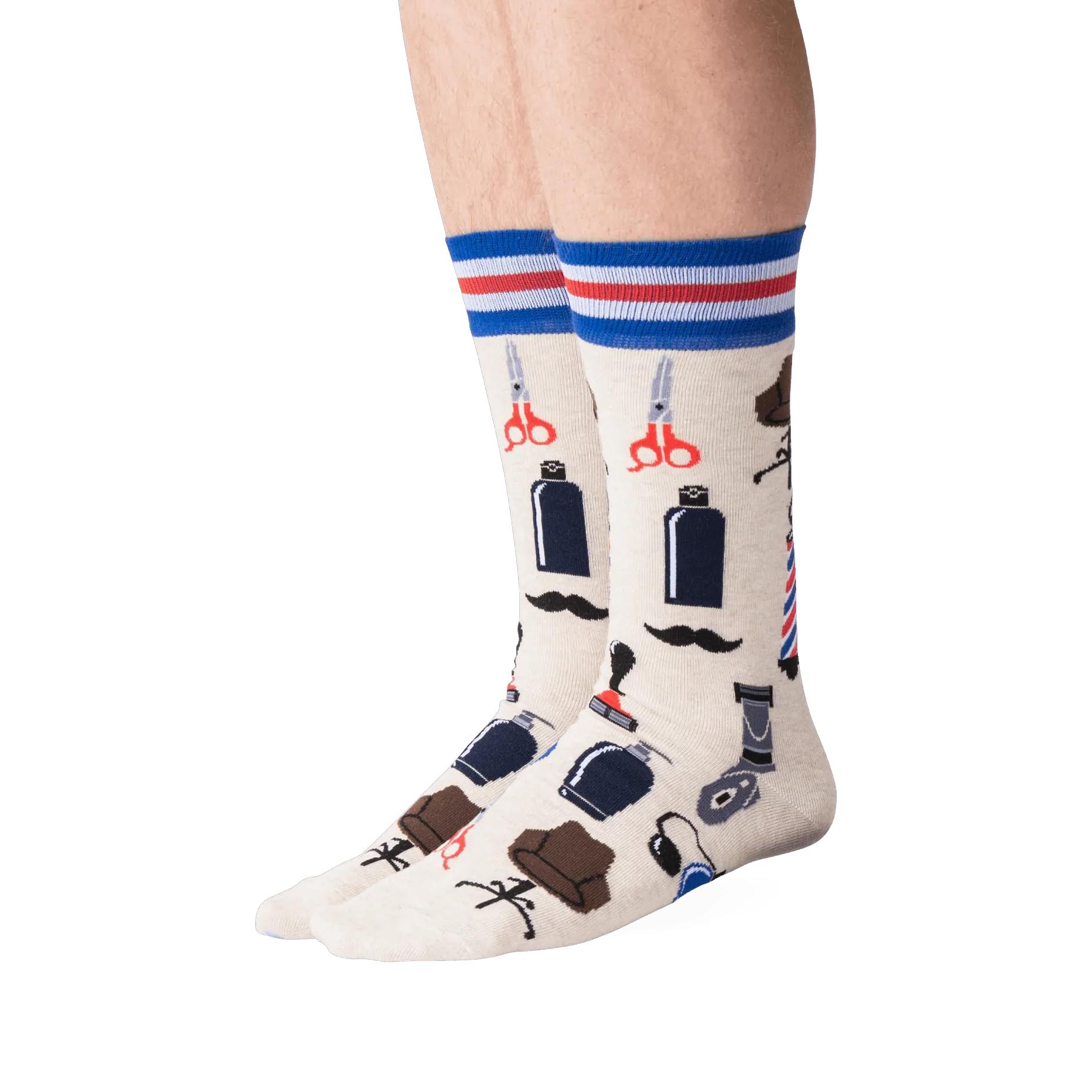 Lifestyle shot of a person wearing the Barber Shop socks, showcasing the fit and design.