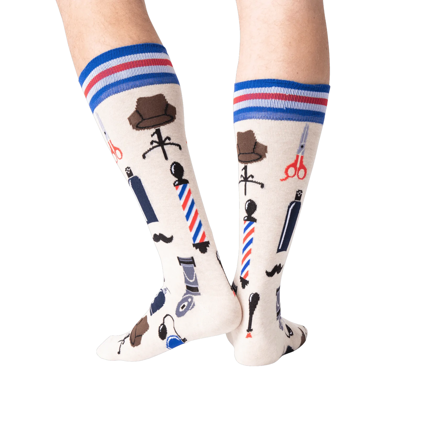 Back view of the Barber Shop socks, showing the full design and top stripe detail.
