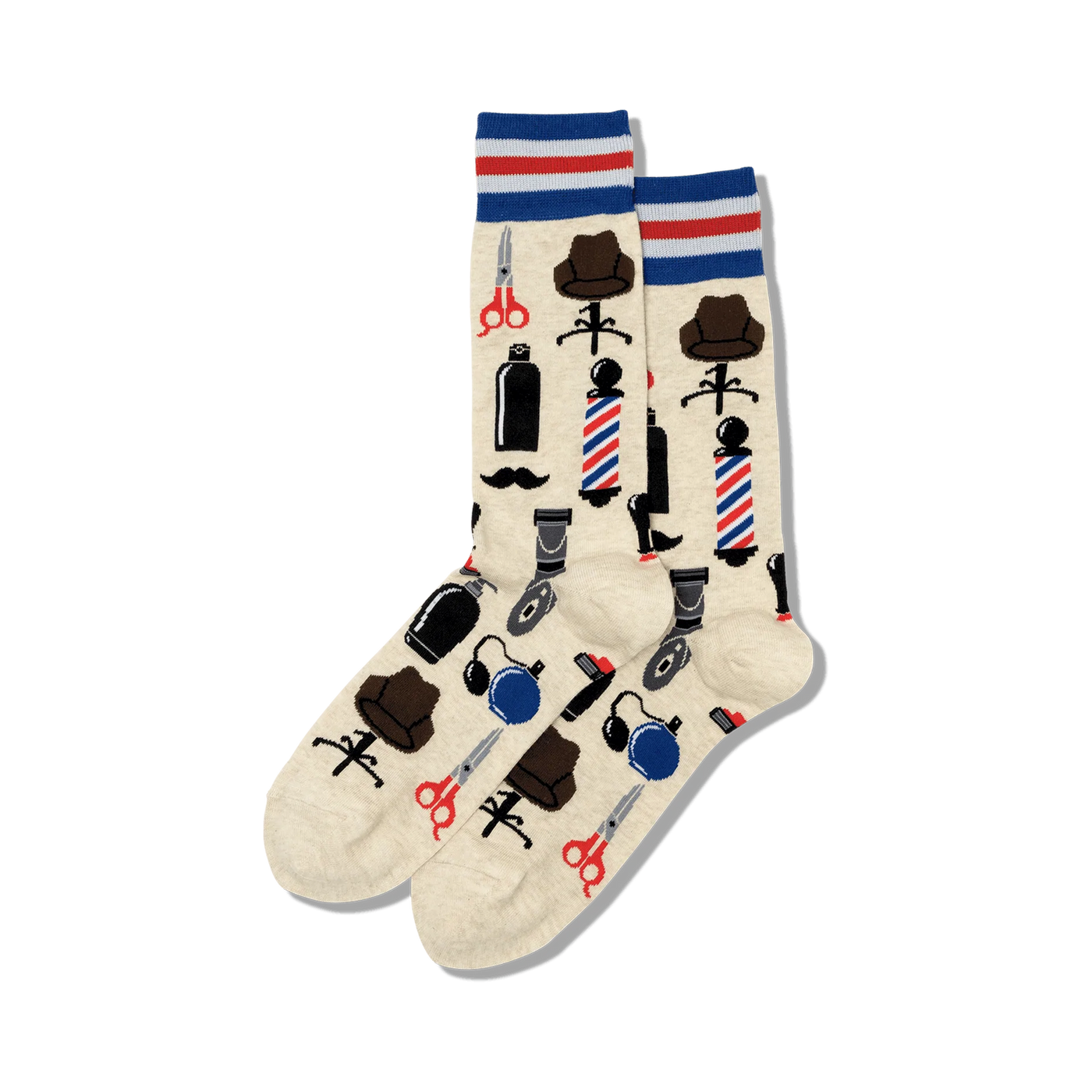 Cream crew socks with a fun barber shop theme. The design includes scissors, razors, a barber pole, and hats in navy blue and brown.