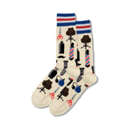 Cream crew socks with a fun barber shop theme. The design includes scissors, razors, a barber pole, and hats in navy blue and brown.