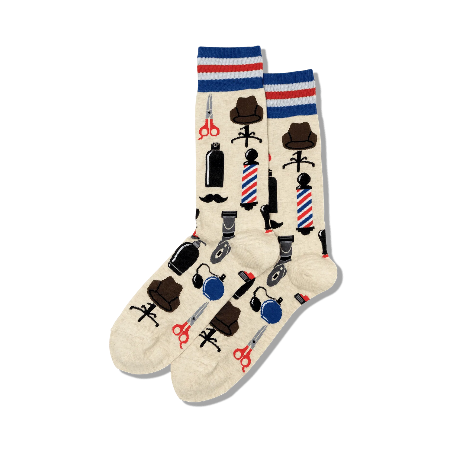 Cream crew socks with a fun barber shop theme. The design includes scissors, razors, a barber pole, and hats in navy blue and brown.