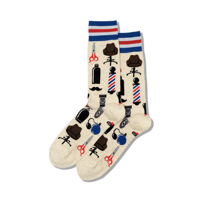 barber shop men's crew socks. pattern of barber poles, scissors, hats, shaving cream bottles. red, white, and blue striped top.  