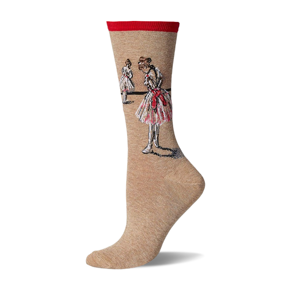 Tan sock featuring Degas-style illustration of two ballet dancers in pink and white tutus with red cuff & ribbons.