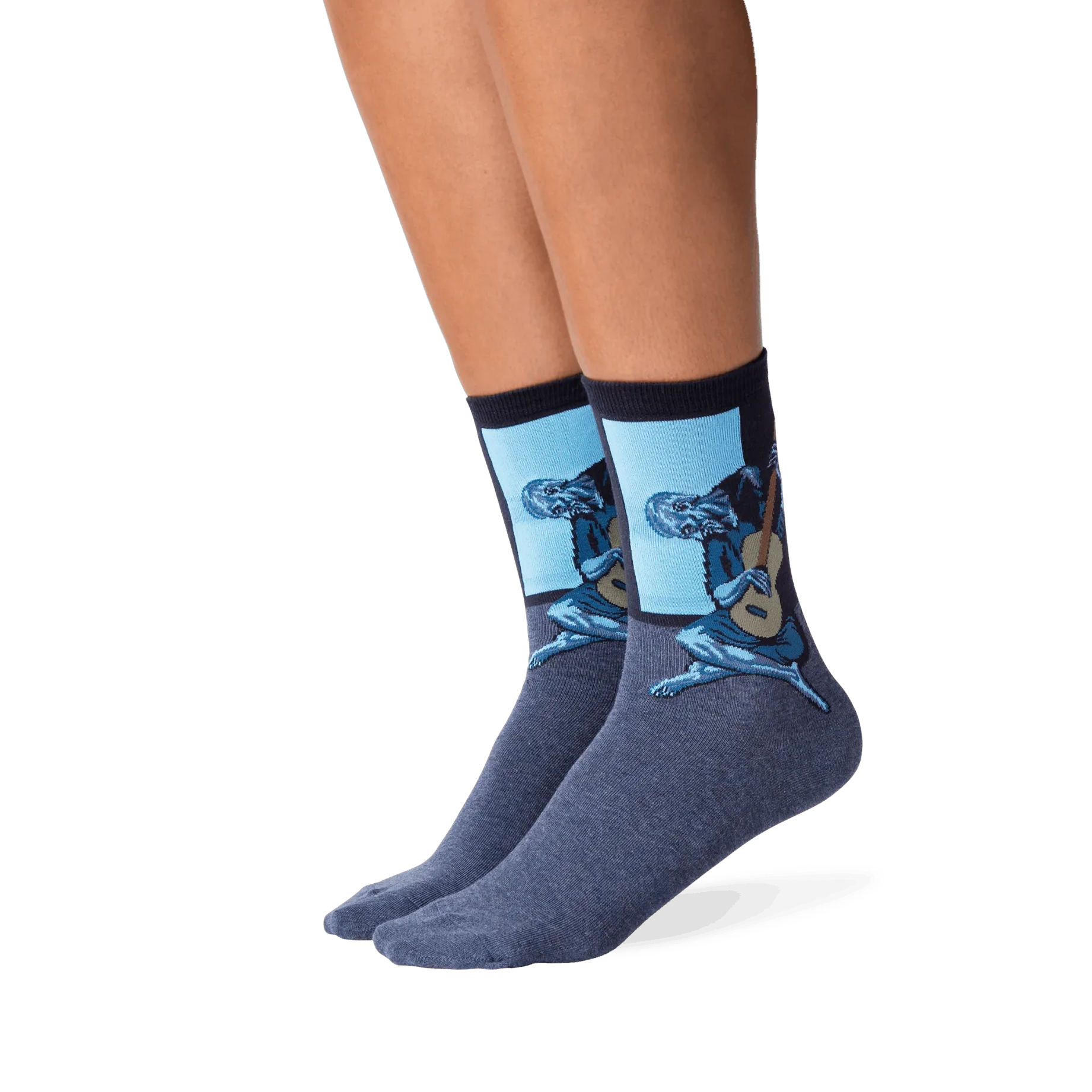 Lifestyle photo showing Picasso's Old Guitarist socks on a person's legs, showcasing how the socks look when worn.