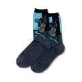 Pair of crew socks in dark gray with a vibrant blue and black image of Picasso's Old Guitarist. The artwork is prominently displayed on the sock's upper part.