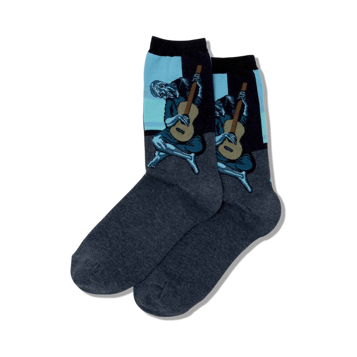 Pair of crew socks in dark gray with a vibrant blue and black image of Picasso's Old Guitarist. The artwork is prominently displayed on the sock's upper part.