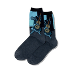 Pair of crew socks in dark gray with a vibrant blue and black image of Picasso's Old Guitarist. The artwork is prominently displayed on the sock's upper part.