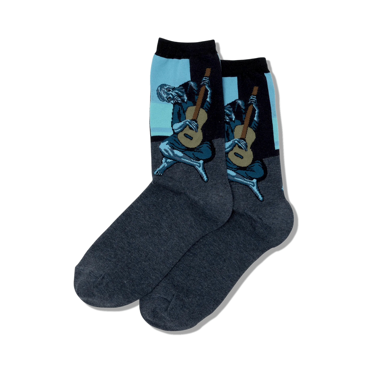 Pair of crew socks in dark gray with a vibrant blue and black image of Picasso's Old Guitarist. The artwork is prominently displayed on the sock's upper part.