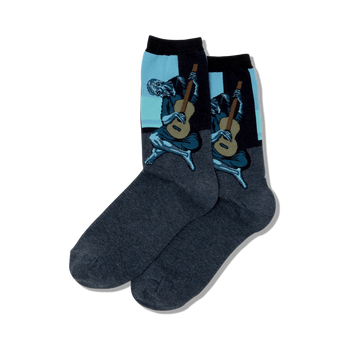 dark gray cotton crew socks with pablo picasso's painting of a guitarist sitting on a bench.  