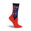 Red crew socks with a colorful, artistic design featuring a blue face and small houses, inspired by Chagall's artwork.