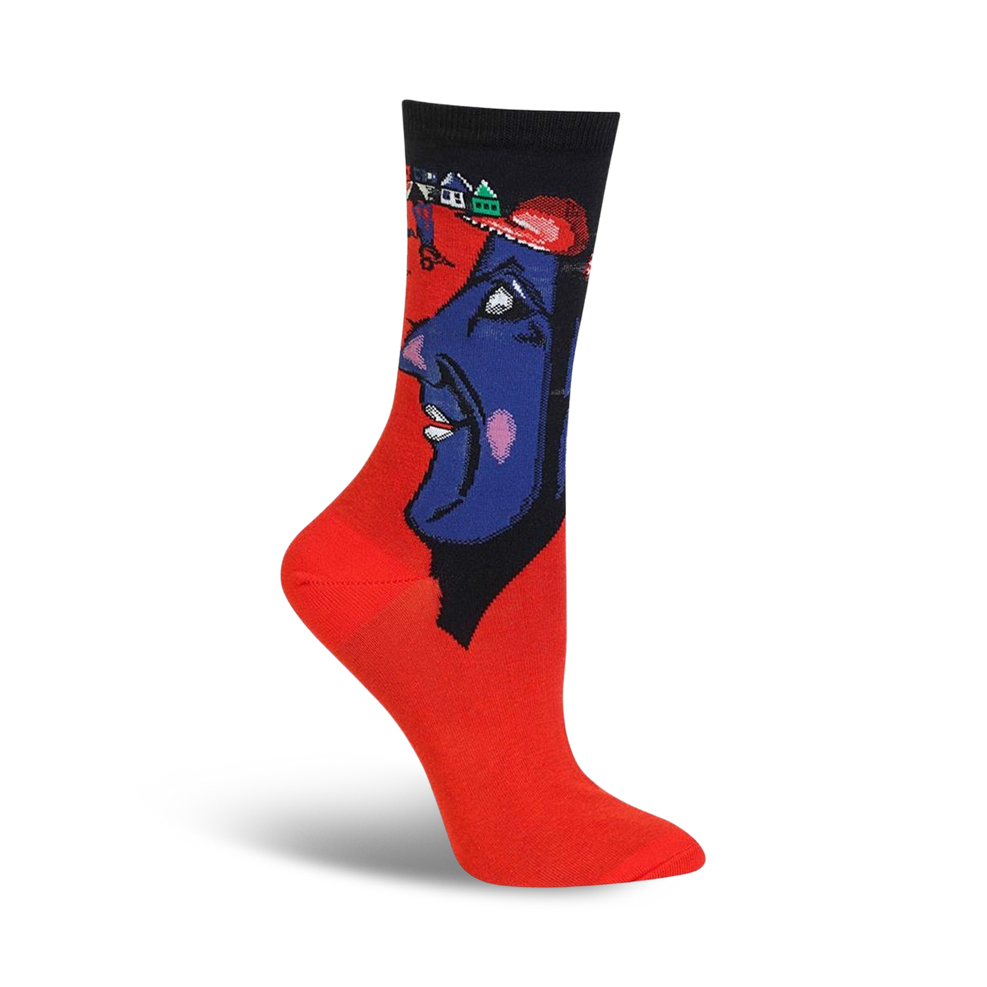Red crew socks with a colorful, artistic design featuring a blue face and small houses, inspired by Chagall's artwork.
