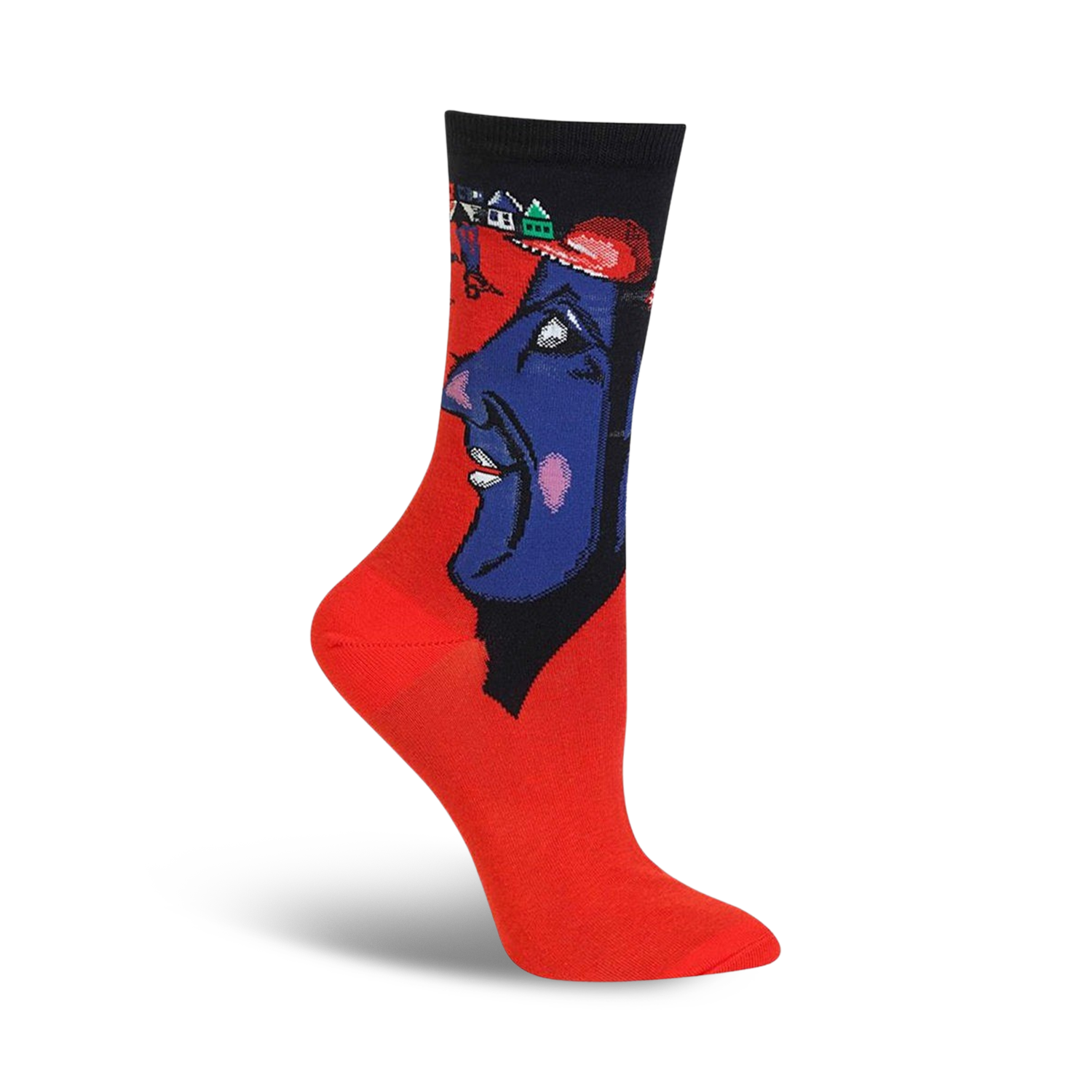 Red crew socks with a colorful, artistic design featuring a blue face and small houses, inspired by Chagall's artwork.
