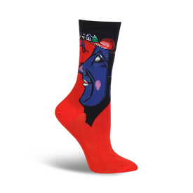 women's crew socks featuring portrait of marc chagall in surreal village artwork.   