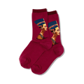 Pair of women's crew socks in burgundy and blue featuring a detailed portrait of Nefertiti. 