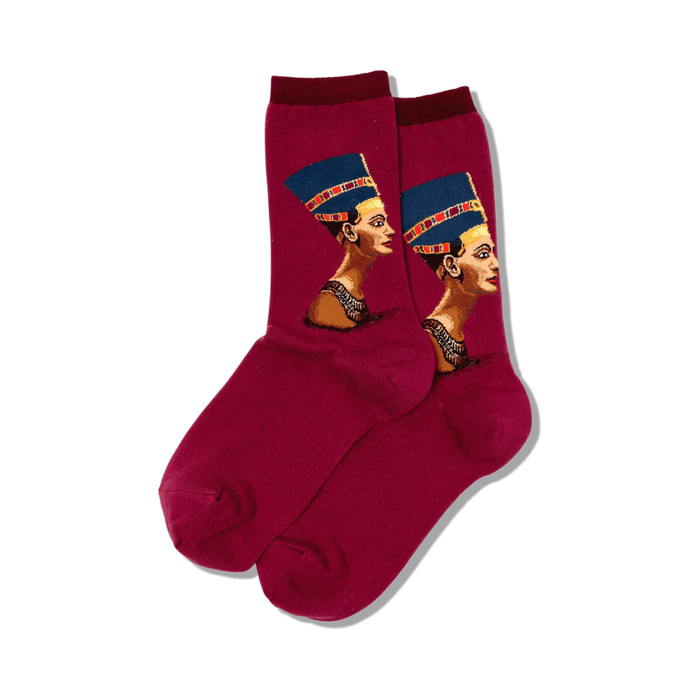 Pair of women's crew socks in burgundy and blue featuring a detailed portrait of Nefertiti. 