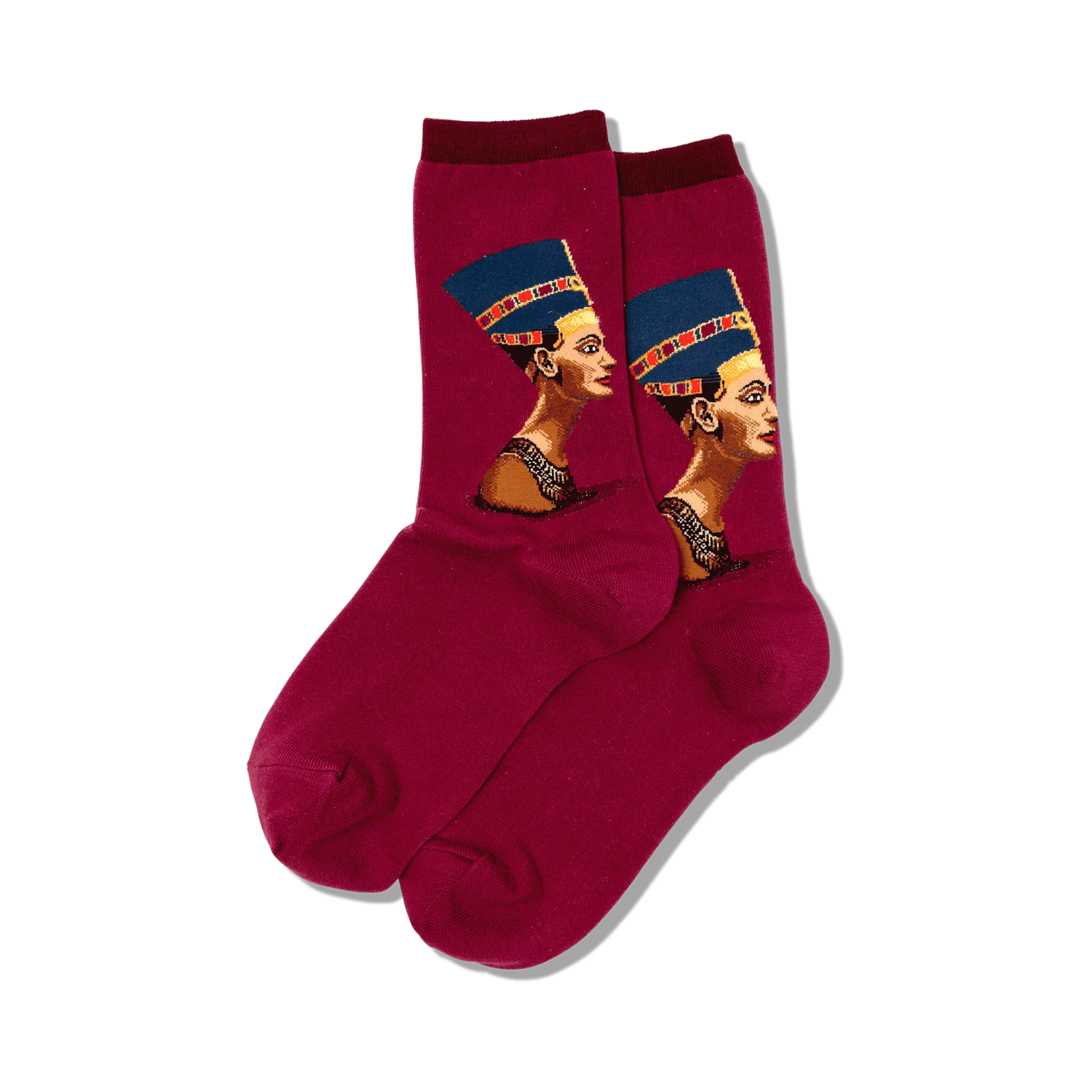Pair of women's crew socks in burgundy and blue featuring a detailed portrait of Nefertiti. 