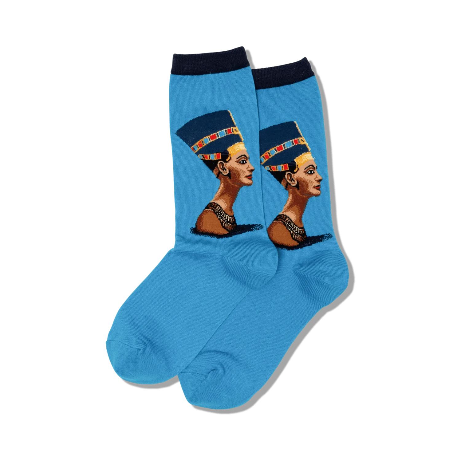 Lifestyle shot showing the blue Nefertiti socks on a person's feet. 