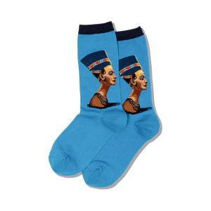 blue crew socks adorned with nefertiti patterns, offering a touch of egyptian royalty to your feet.  